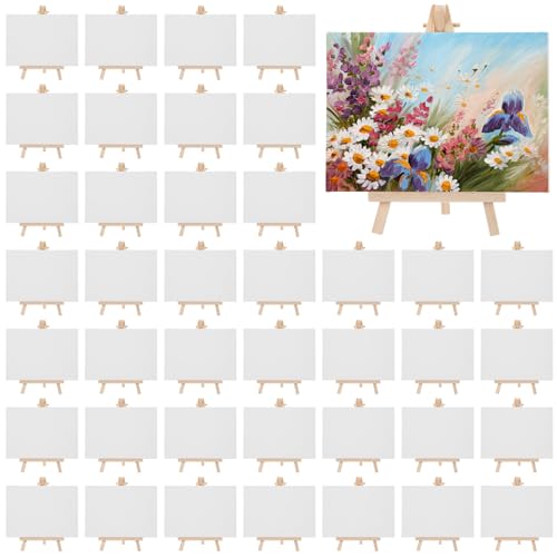 MotiMind 80 Pcs Mini Canvas and Easel Set for Painting Canvas Panels with Wooden Easels for Oil Acrylic Painting Mother's Day Birthday Party Favors(5 x 7 Inch) - size: 5 x 7 Inch