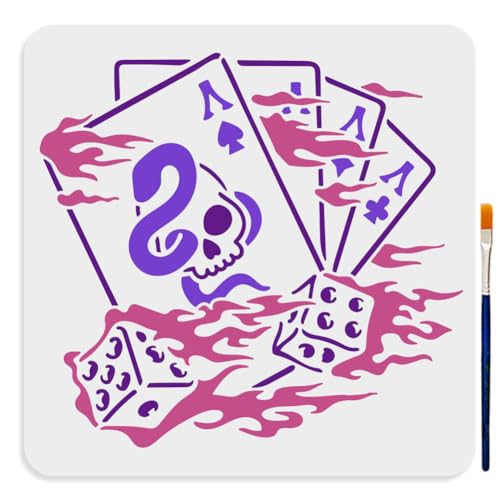 MAYJOYDIY Magic Poker Dice Stencil 11.8×11.8inch Large Playing Cards Dice Stencil with Paint Brush Magic Flame Skull Snake Templates for Wood Canvas Paper Fabric Wall Glass - color: Magic Poker Dice