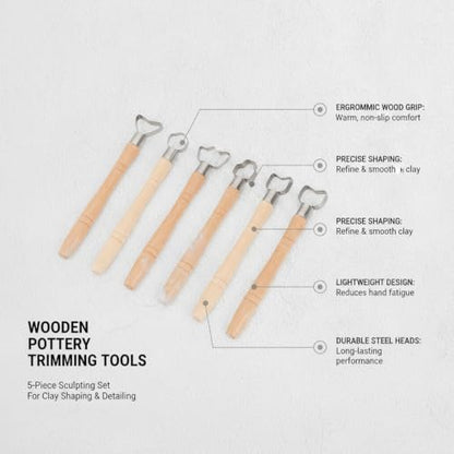 Wooden Pottery Trimming Tools, 5-Piece Sculpting Set for Clay Shaping and Detailing, Handheld Carving Kit for Wheel Throwing and Hand Building (Set of 5) - color: Pink