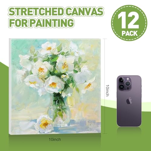 FUMILE Stretched Canvas for Painting 10x10, 12 Pack Square Canvases for Painting-5/8 in Profile Primed White Blank Painting Canvas Value Pack for Oil & Acrylic Paint - size: 10x10IN