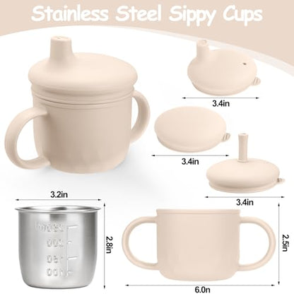 Mity rain 3-In-1 Stainless Steel Sippy Cup for 6+ Month Old, Baby Straw Cups for Toddlers 1-3 with Travel Lid, Silicone Straw, Replacement Straw & Cleaning Brush - 8oz Toddler Cups Spill Proof Set - color: Beige