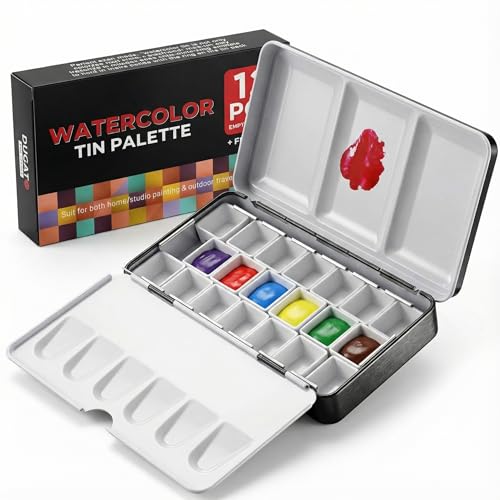 DUGATO Small Empty Watercolor Palette Tin with Lid, Holds 20 Half Pans | Metal Travel Box with 4 Fold-Out Mixing Areas for Travel, Painting, Watercolor Mixing, Art Class and Studio Use - size: Small