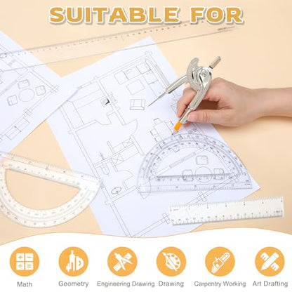 4 Pieces Geometry Math Set Compass for Geometry Math Compass and Protractor Set Include Metal Compass with Pencil Plastic Ruler and Protractor for Student School Office Woodworking Drawing Tools