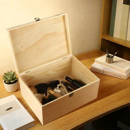 Unfinished Wooden Box 10x7x7 Inch with Hinged Lid & Clasp, Natural Pine Craft Storage Box for DIY Painting, Stain & Wood Burning, Includes 10 Paint Brushes