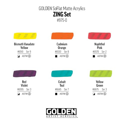 GOLDEN SoFlat Matte Acrylics, Zing 6 Color Set, Professional Acrylic Paint