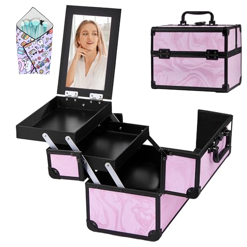 Makeup Train Case, Portable Makeup Case with Mirror, 2-Trays Cosmetic Organizer Case,Nail Polish Organizer, Travel Makeup Box, Profesional for Salon Barber, Pattern Black Pink - color: Pattern Black Pink