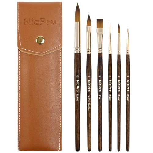 Nicpro Travel Watercolor Brushes Set, 6Pcs Kolinsky Sable Performance Paint Brush for Professional Artist & Beginners with Round, Rigger, Cats Tongue, Oval Wash for Water Color, Ink Gouache Painting - size: 6 PCS