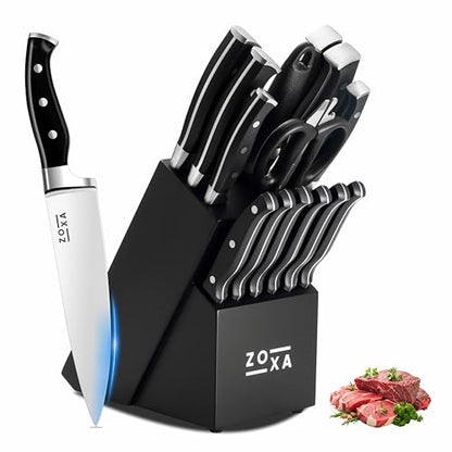 Kitchen Knife Set with Block, 15-Piece Stainless Steel Chef Knife Set, Kitchen Knives with Steak Knives, Honing Rod & Kitchen Scissors, Knife Block Set
