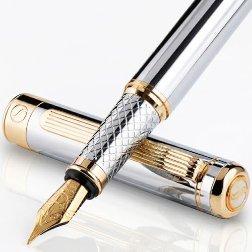Scriveiner Silver Chrome Fountain Pen - Stunning Luxury Pen, Real Gold Finish, Schmidt Gilded Nib (Broad), Best Gift Set for Men & Women, Professional, Executive Office, Nice Designer Pens - color: 10. Silver Chrome with Gold, style: Broad Nib