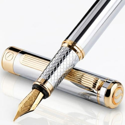 Scriveiner Silver Chrome Fountain Pen - Stunning Luxury Pen, Real Gold Finish, Schmidt Gilded Nib (Broad), Best Gift Set for Men & Women, Professional, Executive Office, Nice Designer Pens - color: 10. Silver Chrome with Gold, style: Broad Nib