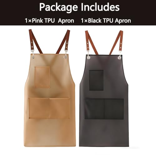2 Pack Waterproof Translucent Apron with Large Pockets,Cross Back Apron Cooking Apron for Dishwashing,Cleaning Fish, - color: Black&brown