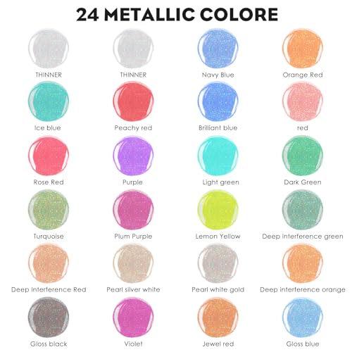 Airbrush Paint - 22 Colors with 2 Thinner Metallic Air Brush Paint Set, Ready to Spray Water-Based Opaque & Neon & Iridescent Acrylic Paint for Beginners Hobbyist, Air brush Paint Kit, 20 ml/Bottle