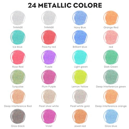 Airbrush Paint - 22 Colors with 2 Thinner Metallic Air Brush Paint Set, Ready to Spray Water-Based Opaque & Neon & Iridescent Acrylic Paint for Beginners Hobbyist, Air brush Paint Kit, 20 ml/Bottle