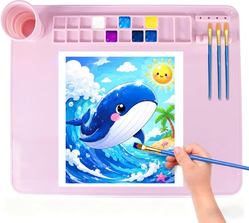 Silicone Painting Mat, 20"X16" Craft Mat,Large Art Mat with Built in Cup and Paintbrush Holder, Nonslip Clay Mats, Color Dividers Silicone Mats for Painting, Table, Resin and DIY Pink - color: Pink