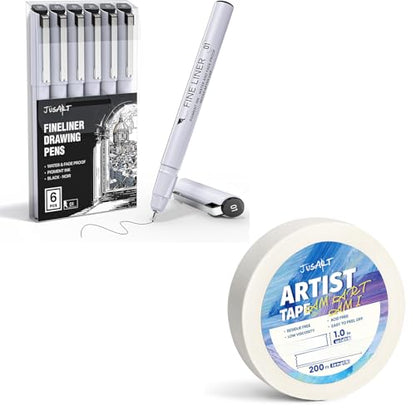 JusArt 6Pcs, 0.25mm Fineliner Pens+1inch Wide Artist Tape for Watercolor Paper