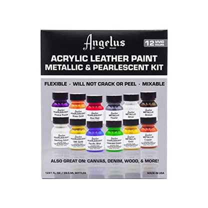 Angelus Acrylic Leather Paint Kit Metallic & Pearlescent 12 Pack Set (1 oz each) - Professional Metallic Acrylic Paint - Flexible, Crack, Peel Resistant for Shoes, Sneakers, Canvas, Demin, Wood