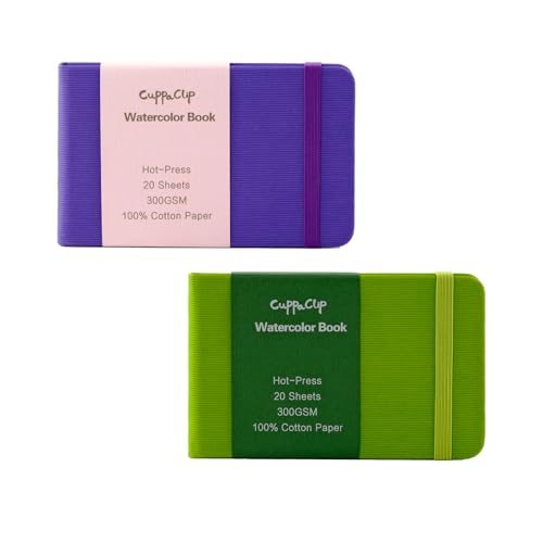 CuppaClip Watercolor Paper Cotton Hot-Pressed with Inner Pocket Watercolor Sketchbook Journal As Travel Notebook 300 GSM 140 LB (Purple+Green, 5.82x3.74in) - color: Purple+Green, size: 5.82x3.74in