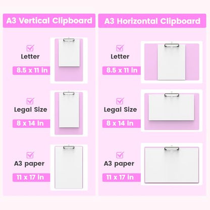 Extra Large 11x17 Clipboards, Landscape and Vertical Layout 2 Pack | Pink Plastic Drawing Boards with Low Profile Clip. Suitable for Watercolor, Sketching, Painting. Art & Drafting Supply - color: Pink