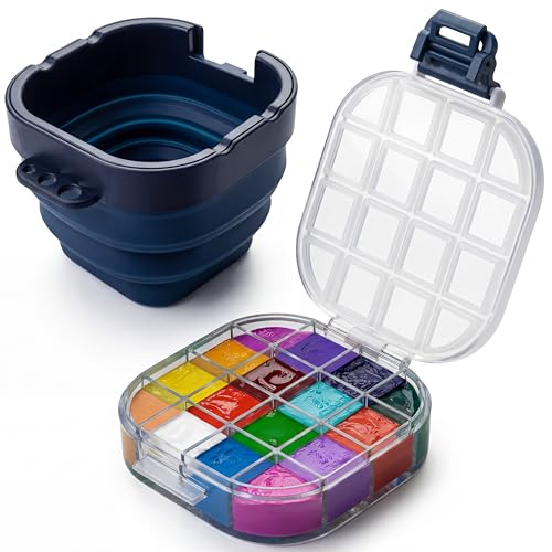 16-Well Airtight Gouache Palette Box with Lid & Foldable Water Cup, Blue | Compact Travel Design, Refillable Paint Storage Suitable for Watercolor & Acrylic - color: Blue