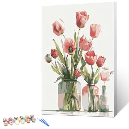Ginkko Paint by Numbers Kit for Adults Beginner & Kids Ages 8-12 with Wooden Frame Easy Acrylic on Canvas 8x12 inch with Paints and Brushes, Flower 01(Include Framed) - color: Flower 01 framed, size: 8x12 Inch