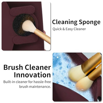 Travel Makeup Brush Holder with Cleaning Pad -Silicone Brush Organizer Case, Magnetic Closure Waterproof Cosmetic Bag for Easy Storage & On-the-Go Cleaning (9.05 Inch) - color: Brown