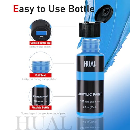 HUAL Acrylic Paint Set With 5 Brushes, 24 Colors (60ml, 2oz) for Artists Kids Beginners & Painters,Model/Canvas/Rock/Fabric/Glass/Stone/Ceramic/Wood Painting, Non Toxic - color: Black Bottle (Most Popular)
