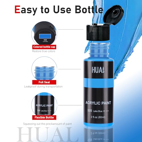 HUAL Acrylic Paint Set With 5 Brushes, 24 Colors (60ml, 2oz) for Artists Kids Beginners & Painters,Model/Canvas/Rock/Fabric/Glass/Stone/Ceramic/Wood Painting, Non Toxic - color: Black Bottle (Most Popular)