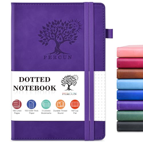 PERCUN A5 Dotted Journal Notebook, Leather Hardcover Notebook 5.9"×8.5" | 160 Dotted Pages Journal for Women & Men, Dot Grid Notebook for Writing, Work, School, Travel Daily Diary, Bullet Journaling - color: Purple, size: Dotted Page