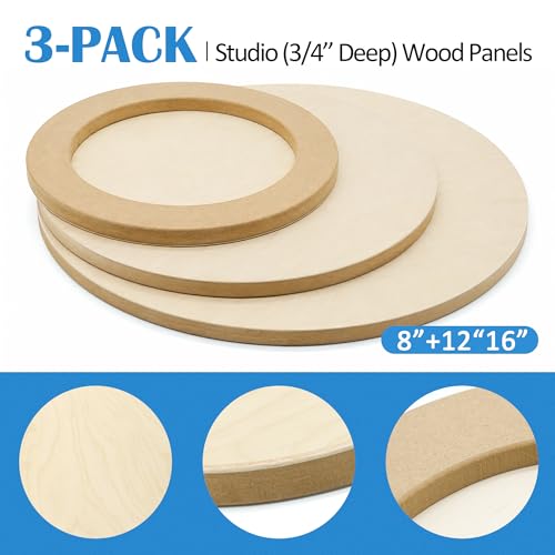 Falling in Art Unfinished Round Birch Wood Canvas Panels Kit, 3 Pack of 3 Sizes 8', 12' and 16' Studio 3/4’’ Deep Cradle Boards for Pouring Art, Crafts, Painting, and More - size: 8'+12'+16' round 1 PACK