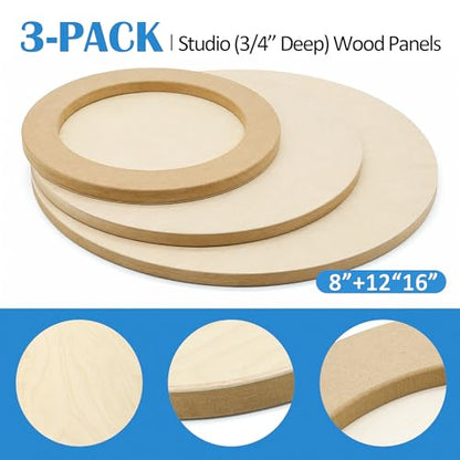 Falling in Art Unfinished Round Birch Wood Canvas Panels Kit, 3 Pack of 3 Sizes 8', 12' and 16' Studio 3/4’’ Deep Cradle Boards for Pouring Art, Crafts, Painting, and More - size: 8'+12'+16' round 1 PACK