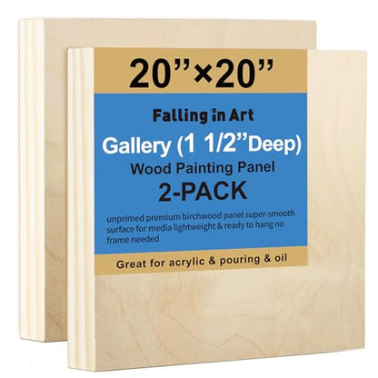 Falling in Art 2 Pack Unfinished Wooden Canvas Panels, 20x20 Gallery Birch Wood Panels Kit, 1 1/2" Deep Art Cradle Boards for Acrylic Painting, Pouring and Burning - size: 20*20 2 Pack