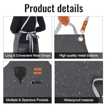 Aoomzoon Durable Kitchen Apron,Multifunctional Chef Aprons for Women & Men with Pockets for Cooking Baking & Daily Use - color: Grey