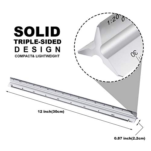6 Pcs Triangular Ruler Set 12 Inch Engineering Scale Aluminum Architect Drafting Ruler Metal Protractor Arquitectura Accessories for Students Draftsman Engineers Metric - color: Silver