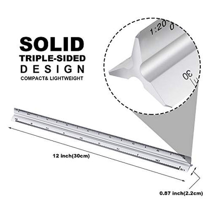 6 Pcs Triangular Ruler Set 12 Inch Engineering Scale Aluminum Architect Drafting Ruler Metal Protractor Arquitectura Accessories for Students Draftsman Engineers Metric - color: Silver