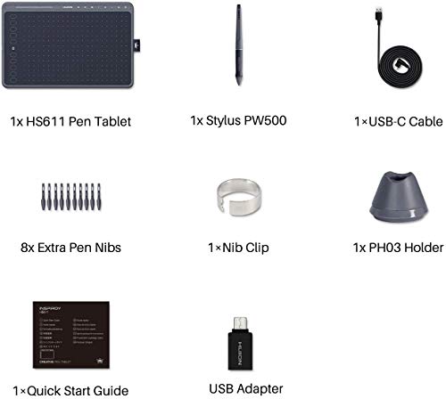 HUION HS611 Drawing Tablet 8192 Pressure Graphics Tablet with 10 HotKeys | Digital Art Tablet with Tilt Support Battery-Free Stylus, 8 Multimedia Keys, Touch Ring, 10x6inch Android Support Drawing Pad - size: Large