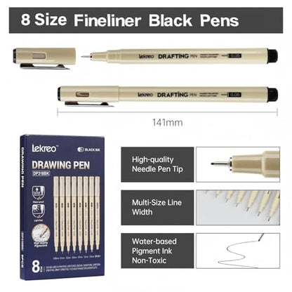 Fineliner Pens - Archival Black Ink Pen - Pens for Writing, Drawing, or Bullet Journaling - Assorted Point Sizes (8 Count (Pack of 8)) - size: 1 Count (Pack of 8)