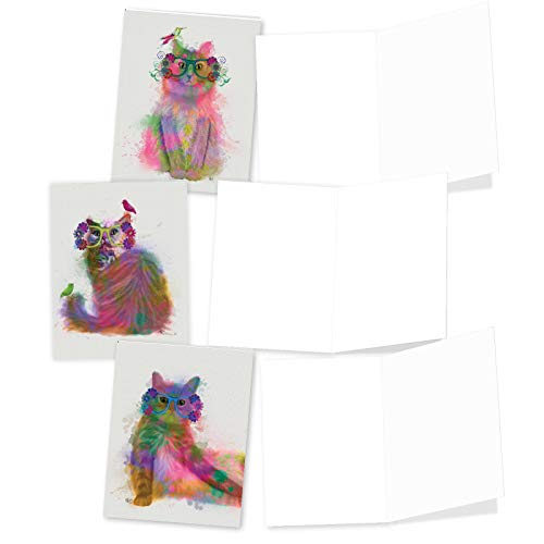 The Best Card Company 20 Assorted Blank Notecards Bulk Box Set 4 x 5.12 Inch with Envelopes (10 Designs, 2 Each) Funky Rainbow Cats AM6199OCB-B2x10 - style: Funky Rainbow Cats