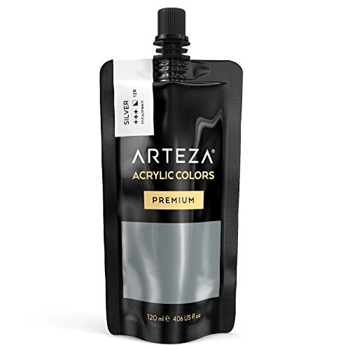 ARTEZA Acrylic Paint, Silver Color, (120 ml Pouch, Tube), Rich Pigment, Non Fading, Non Toxic, Single Color Paint for Artists & Hobby Painters - color: Silver A128, size: 4.06 Fl Oz (Pack of 1)