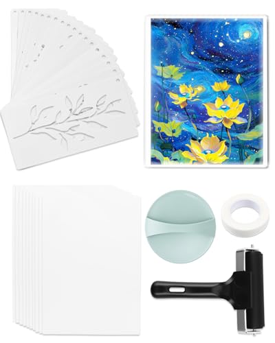 UCEC 32 Pack Gel Plate Printing Kit, Reusable 8 x 10 Gel Printing Plate with 4 Inch Brayer Roller & Baren, Plant Stencils and A4 Printmaking Paper – Mixed Media Art Kit for Card Making, Scrapbooking - color: Clear-Gel Printing Kit 8×10 Full Set