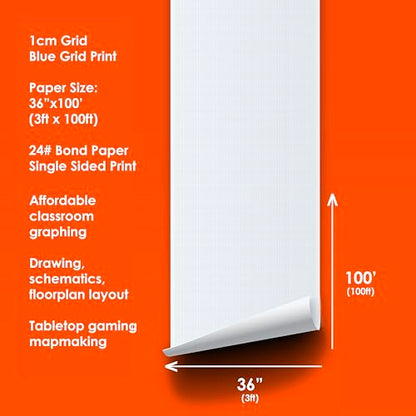 Geyer Instructional 1cm Graph Paper Roll – 36” x 100’ Blue Grid, Large Format Blueprint Paper, 24 lb Bond for Classroom, STEM, Math & Design Projects - color: Blue