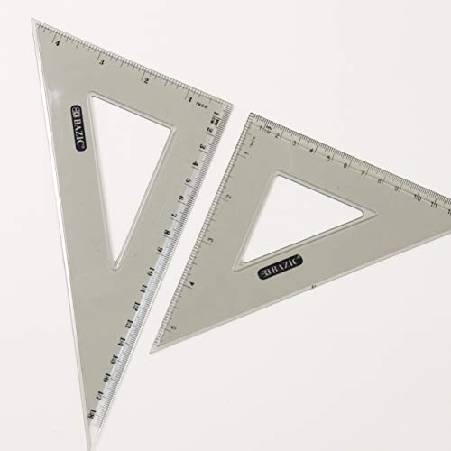 BAZIC Math Geometry Set 5 Pieces, Compass, Protractor, Ruler, 2 Triangle Rulers, Plastic Clear Measuring Sets for Students Professional, 1-Pack | 4-piece geometry set (12 in ruler; 30/60 and 45/90 triangles; 180-degree protractor) plus a compass