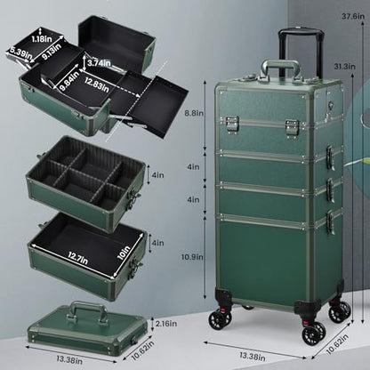 Rolling Makeup Case Makeup Train Case with Lid 5 in 1 Cosmetology Case on Wheels Cosmetic Trolley Organizer Large Makeup Organizers Case Profesional Cosmetic Case for Salon Barber Nail Beauty, Green - color: Green