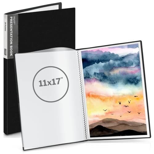 Dunwell 11x17 Portfolio Binder (Black), Presentation Binder with 24 Clear Plastic Sleeves, Large Art Portfolio Folder, Acid-Free Poly Cover and Sleeves - color: Black, size: 11x17", style: 11x17" Vertical