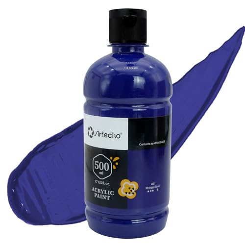 Artecho Phthalo BlueAcrylic Paint 500ml / 17oz Large Bottle | Semi Glossy Finish, High Pigment Rich Color Craft Paint for Canvas, Rocks, Wood, Fabric, Ceramic, Non-Toxic - color: Phthalo Blue, size: 17 Fl Oz (Pack of 1)