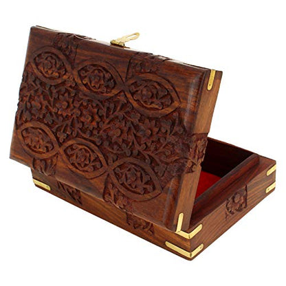 Ajuny Handcarved Treasure Chest Wooden Decorative Jewelry Storage Box Eye Floral Design Multipupose Small Memory Keepsake Box Pretty Gift Box Wood Trinket Boxes - 8X5 Inch