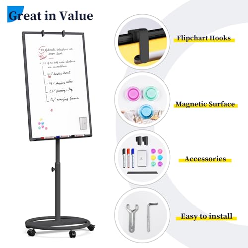 Mobile Whiteboard – 36 x 24 inches Portable Magnetic Dry Erase Board, 3' x 2' Stand Easel White Board Dry Erase Easel Standing Board w/Flipchart Hooks (Black) - color: Black, size: 24"W x 36"H