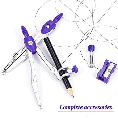 Vobou Math Geometry Kit Sets 10 Piece Student Supplies with Shatterproof Storage Box,Includes Rulers,Protractor,Compass,Eraser,Pencil Sharpener,Lead Refills,Pencil,for Drafting（Purple） - color: Purple