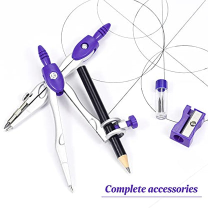 Vobou Math Geometry Kit Sets 10 Piece Student Supplies with Shatterproof Storage Box,Includes Rulers,Protractor,Compass,Eraser,Pencil Sharpener,Lead Refills,Pencil,for Drafting（Purple） - color: Purple