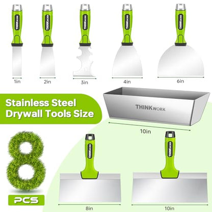 THINKWORK Drywall Tools - 8Pcs Stainless Steel Drywall Knife Set with Putty Knife, Taping Knives, Painter Scraper & 10" Mud Pan, Spackle Tool Set for Joint Taping, Finishing & Patching
