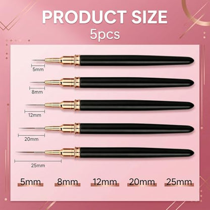 5PCS Metallic Nail Art Liner Brushes Set, Fine Painting Nail Brushes for UV Gel Polish, Detail Drawing & Long Line Design, Nail Art Tools Sizes 5/8/12/20/25mm